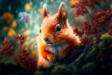 Squirrel in the forest surrounded by nature and flowers. An endangered species, generative ai