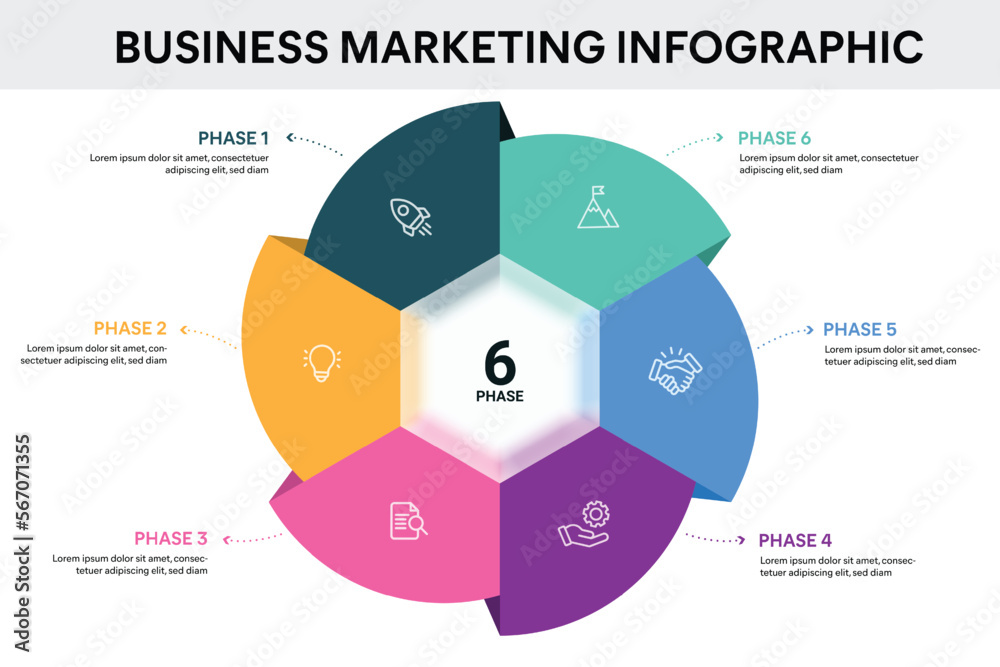 Origami style pie chart hexagon infographic template with 6 options ...