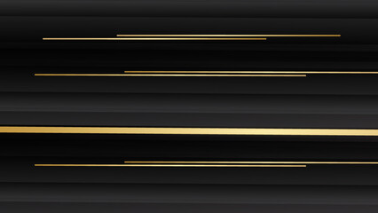 Wall Mural - Black stripe with gold lines on the dark background. Geometric gold black lines metal carbon neutral background with black metal stripes vector.