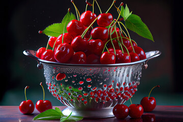 Wall Mural - Wet ripe cherries in white colander