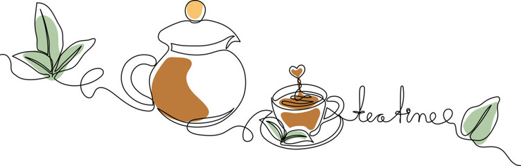 Wall Mural - Tea time concept - Continuous one line drawing of green tea leaves teapot and cup of tea. Vector minimalistic line art.