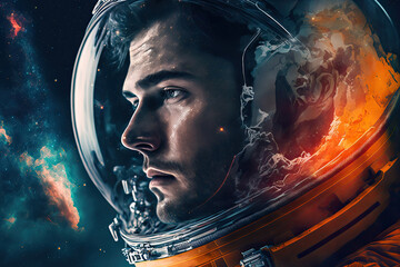 Wall Mural - fantastic portrait of a male astronaut in a helmet and spacesuit. Generative AI