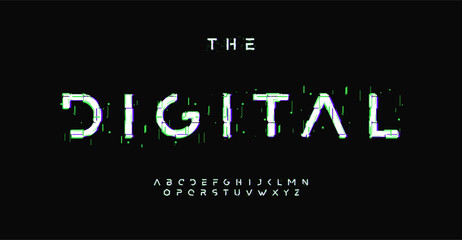 Futuristic alphabet with digital distorted effect, glitch error effect font for cinematic headline, high technology logo, game design. Vector typographic design