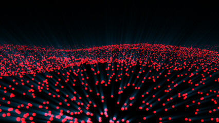 Poster - Red glowing particles flying in whirlwind. Red bokeh particle isolated on red background. Particle with depth of field and bokeh in cyber digital technology concept.