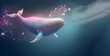 Blue whale swimming or flying in mystic sky ocean through colorful clouds galaxy in the world of fantasy with Generative AI.