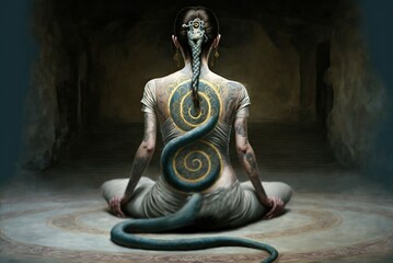 Woman in meditation pose from behind with Kundalini snake oil painting style illustration generative ai