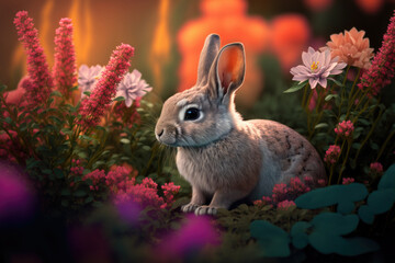 Wall Mural - Rabbit in the Garden Orange Background created with Generative AI Technology, ai, generative
