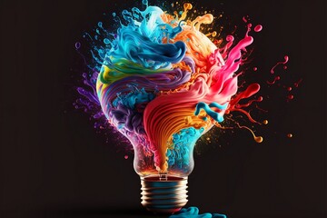 lightbulb eureka moment with impactful and inspiring artistic colourful explosion of paint energy. g