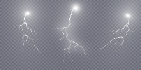 Poster - Set of lightning, thunderstorm and lightning effect. Light effect of electric discharge. Lightning for web design and illustration.