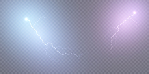 Poster - Set of lightning, thunderstorm and lightning effect. Light effect of electric discharge. Lightning for web design and illustration.