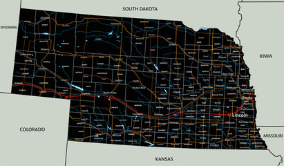 Wall Mural - High detailed Nebraska road map with labeling.