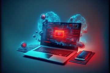 Cyber security, data protection, cyberattacks concept on blue background. Database security software development. Online security concept. Laptop protected with shield. AI	