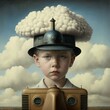 A boy with a fancy hat on his head in a historic train. A surreal portrait generated by AI. Created by artificial intelligence. Generative AI