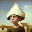 A boy in a fancy hat made of cardboard, paper, against the backdrop of a historic town, A surreal portrait generated by AI. Created by artificial intelligence. Generative AI