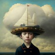 A boy with a hat on his head in the shape of a ship against the background of clouds. A surreal portrait generated by AI. Created by artificial intelligence.