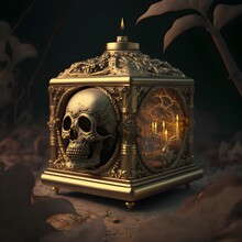 At The Bottom Of A Pit Is A Tiny Gold Religious Box Detailed With A Skull Long Lost Long Forgotten Dim Lighting Dark Fantasy Ultra Detailed 