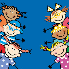 Wall Mural - Group of children, smiling children, conceptual illustration, template, blue background, vector image.