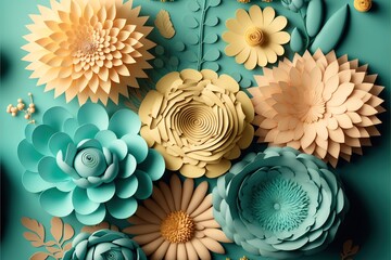  a bunch of paper flowers on a blue background with gold foil flowers and leaves on the bottom of the paper flowers are yellow, blue, green, and gold, and white.  generative ai