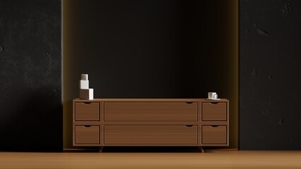 Poster - Minimalist interior with wooden furniture and decoration on top. 3d render interior with concrete wall