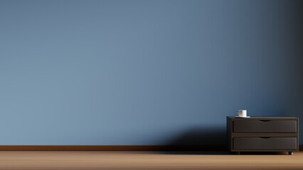 Poster - Minimalist interior wall with wooden furniture and coffee mug on top. 3d render interior room concept
