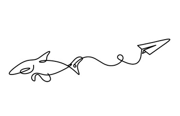 Wall Mural - Silhouette of fish and paper plane as line drawing on white background