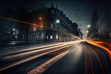  A City Street At Night With Long Exposures Of Light Streaks On The Road And A Building In The Background With A Clock Tower On The Corner.  Generative Ai