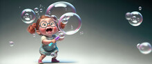 Cute Little Girl Blowing And Playing With Soap Bubbles, Wide Banner With Copy Space Area For Kids Play Fun Times Concepts