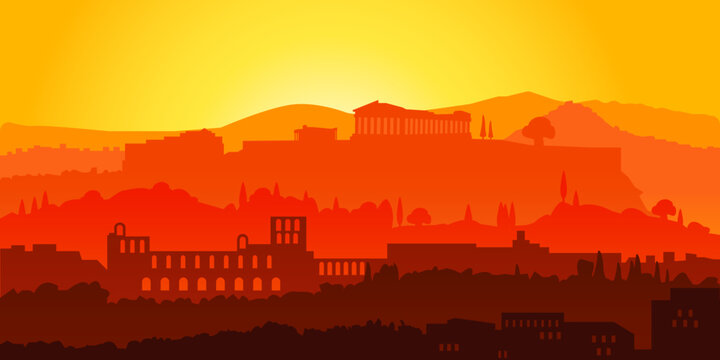 acropolis athens greece silhouette illustration. athens skyline. parthenon.