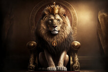 Majestic Lion King Wearing Golden Crown Sitting On The Wooden Throne