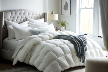a bed with a white comforter and pillows on it in a room with a large window and a white chair with 