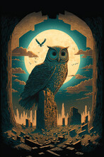 The Eerie Fantasy Of A Mighty Owl In Front Of A Post-apocalyptic Full Moon Landscape  Psychedelic Vector  Pop Art Splatter Paint Marker Dark Teal, Yellow & Orange Wallpaper (generative AI)   
