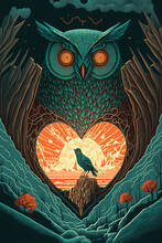  Surreal Owl Love Bird With A Burning Heart Dark Fantasy Landscape Gothic Glitch Futurism Woodblock Print(generative AI) Colorful Teal, Yellow & Orange Poster