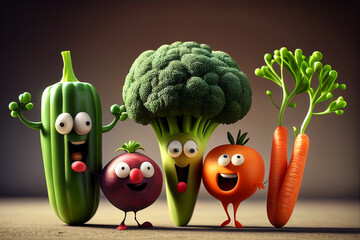 Cartoon character, group of vegetables and fruits cheering and smiling, funny, generative ai