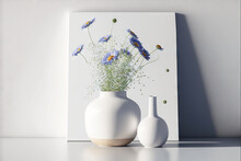  Two White Vases With Flowers In Them On A Table Next To A White Wall And A White Frame With A Picture Of A Flower.  Generative Ai
