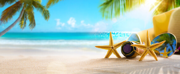 Poster - Honeymoon vacation on White sandy beach in the Caribbean;  Sunny Tropical Beach on Paradise Island