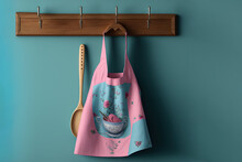  A Pink Apron Hanging On A Blue Wall Next To A Wooden Rack With A Spoon And A Wooden Spoon Holder On It And A Teal Blue Wall.  Generative Ai
