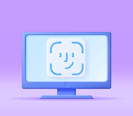 Poster - 3D Face Recognition Icon on Computer Isolated. Render Desktop PC with Biometric Face ID Recognition. Unlock via Face Scan System Concept. Cyber Security and Data Protection. Vector Illustration