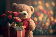 Teddy Bear With A Bouquet Of Roses And A Gift For Valentine's Day. Ai Generation