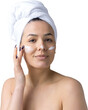 © Mountains Hunter - Beauty portrait of woman in white towel on head applies cream to the face. Skincare cleansing eco organic cosmetic spa relax concept.