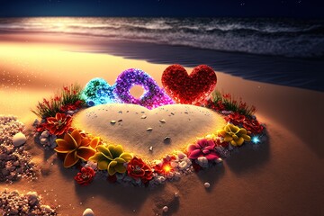 romantic heart shape with glow light sand dune water puddle after tide at night time, idea for romantic love travel theme	
