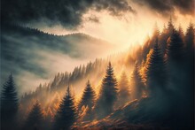  A Painting Of A Mountain With Trees In The Foreground And A Foggy Sky In The Background, With A Sun Peeking Through The Clouds.  Generative Ai