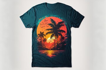 Wall Mural -  a t - shirt with a sunset and palm trees on the front and back of the t - shirt is a picture of a sunset with a boat in the water.  generative ai