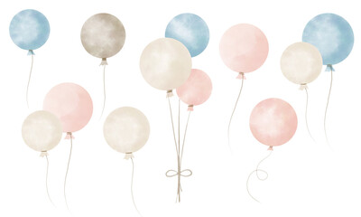 Set of watercolor air Balloons in cute pastel blue and pink colors on isolated background. Hand drawn illustration with ballons for happy birthday kid party. Drawing for greeting cards or invitations