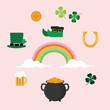 St Patrick's Day design elements. Set of rainbow, pot of gold, clover, horseshoe, beer, hat, shoes and lucky coin. 