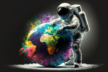 Wall Mural - an astronaut is holding planet earth , generative ai
