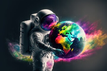 Wall Mural - an astronaut is holding planet earth , generative ai
