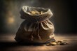 a lot of gold coins in sack bag on wooden floor, Generative Ai