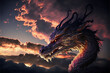 A dragon's head forming out of the clouds in the evening sky