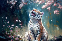 Illustration Of Cute Animal Smile Face In Spring Flower Gardens, Idea For Children Room Wall Decor Or Animal Wallpaper, Little Tiger Cub, Generative Ai