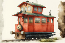 Red Train Engine Watercolor, Generative AI